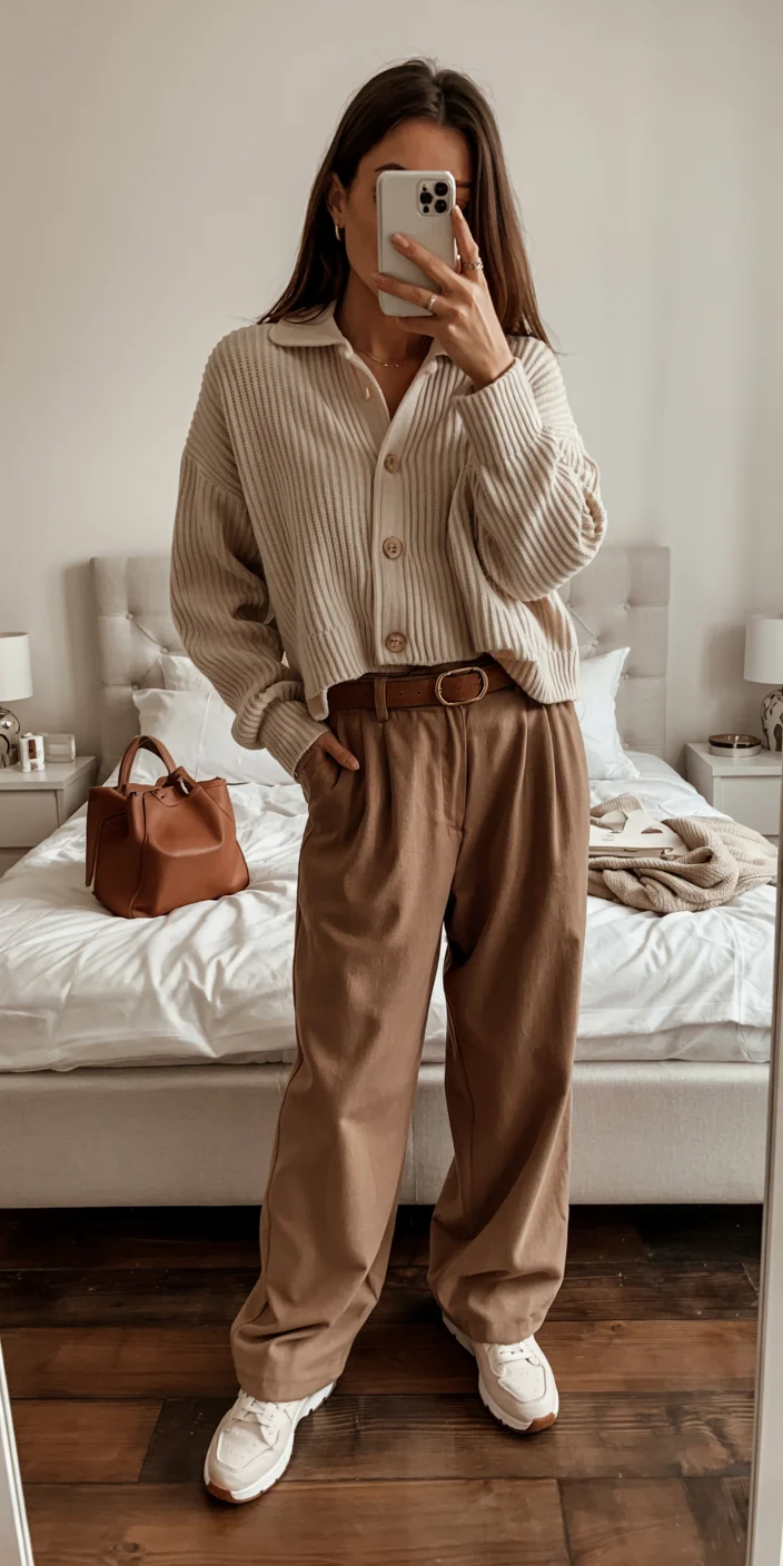 fall outfits with pants 2026 Cream knit cardigan with relaxed camel tailoring