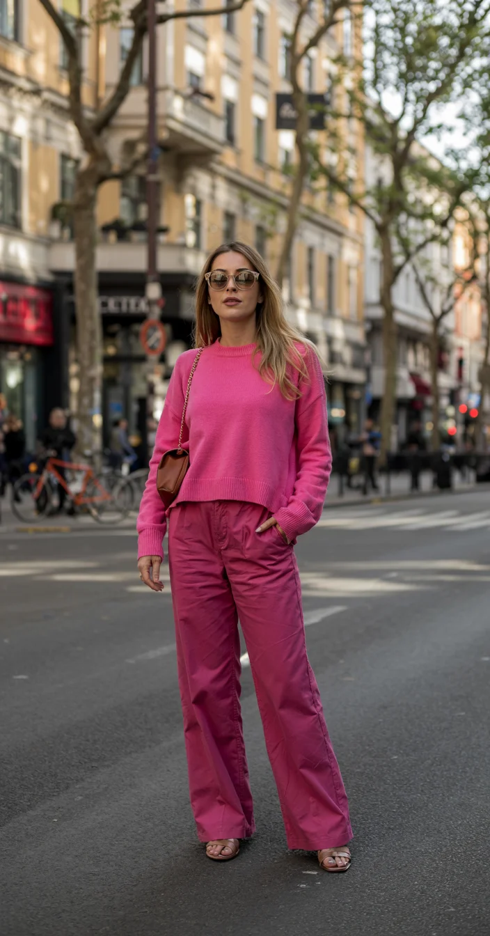 fall outfits with pants 2026 Bold pink separates that brighten autumn streets