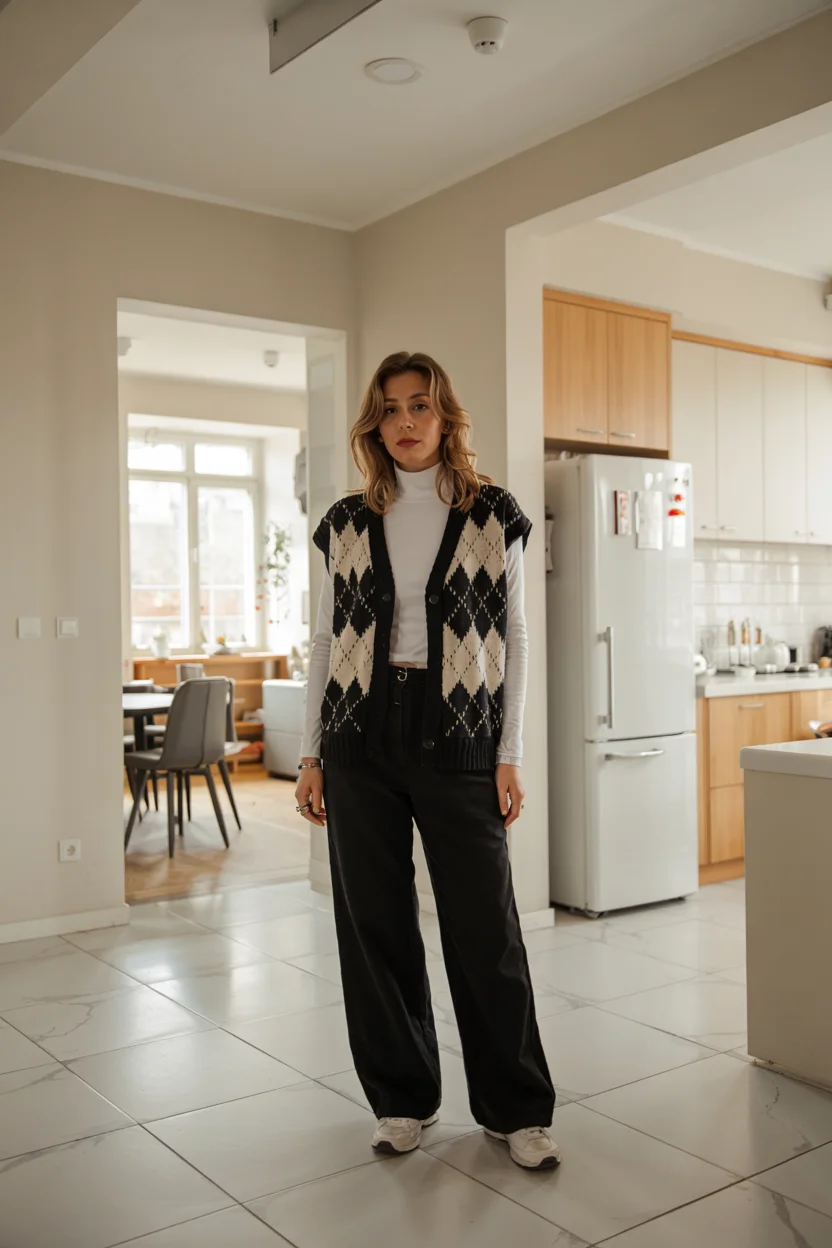 fall outfits with pants 2026 Argyle sweater vest with modern academic style