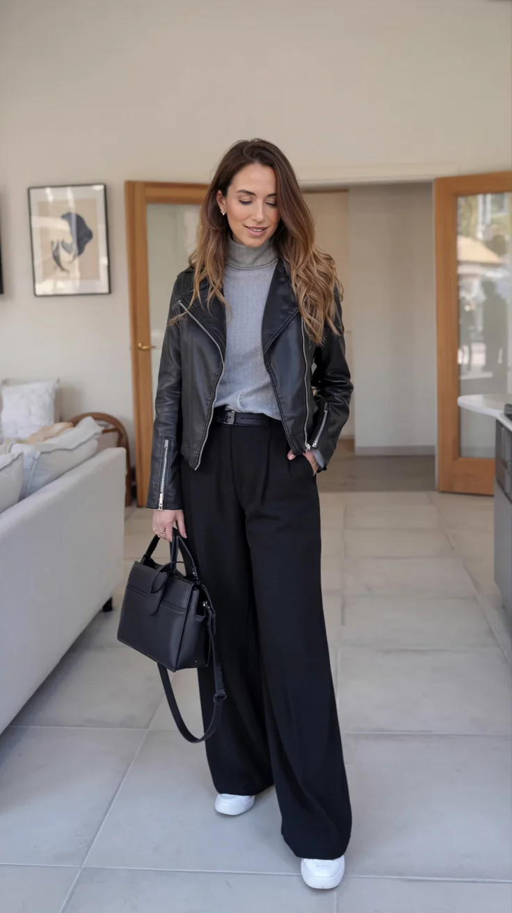 fall outfits with pants 2026 Leather and gray for an easy cool-girl formula