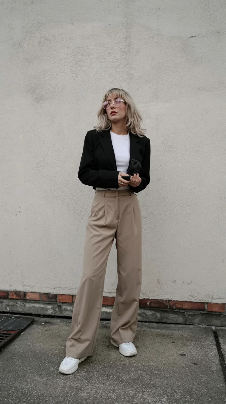 fall outfits with pants 2026 Black blazer and beige trousers for effortless sophistication