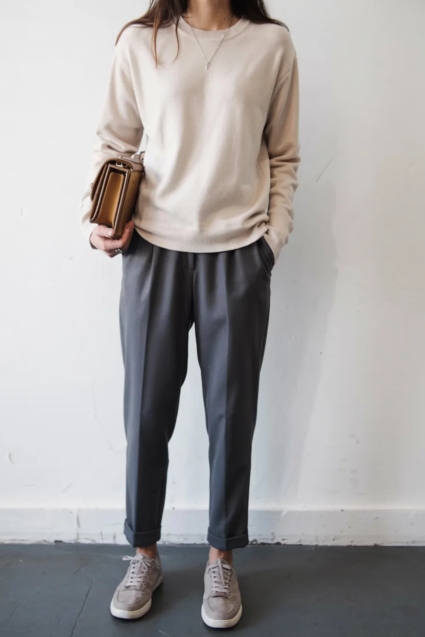 fall outfits with pants 2026 Gray trousers and soft neutrals for everyday elegance