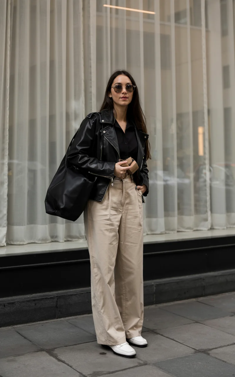 fall outfits with pants 2026 Leather jacket contrast with relaxed beige pants