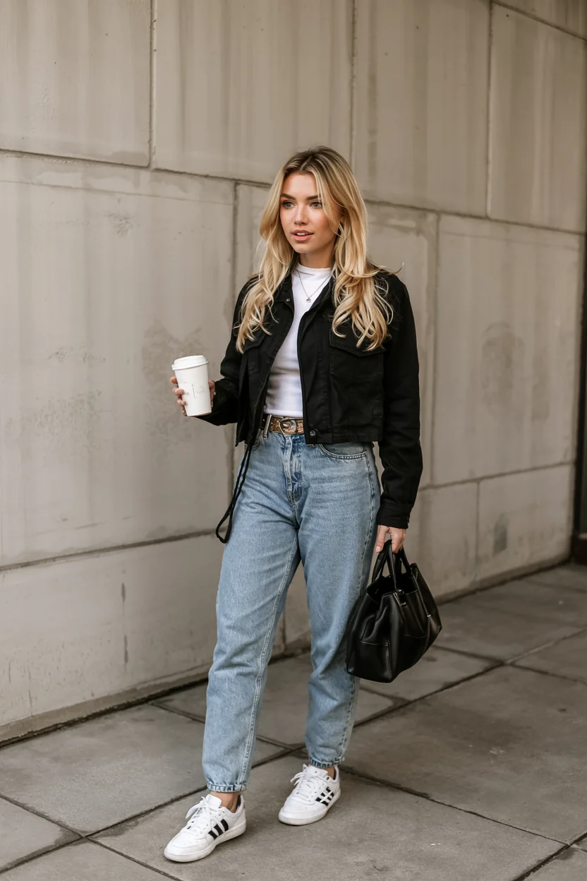 fall outfits with sneakers and jeans 2026 black jacket and light denim