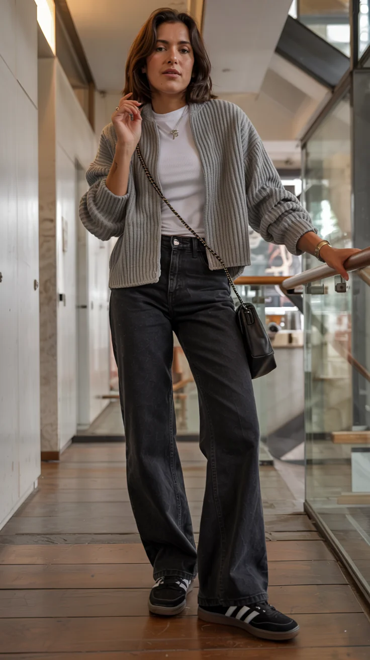 fall outfits with sneakers and jeans 2026 gray knitwear elegance