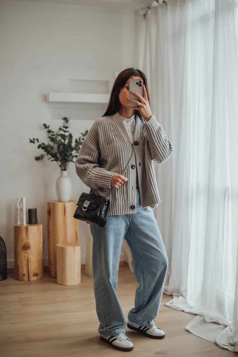 fall outfits with sneakers and jeans 2026 cozy cardigan layers