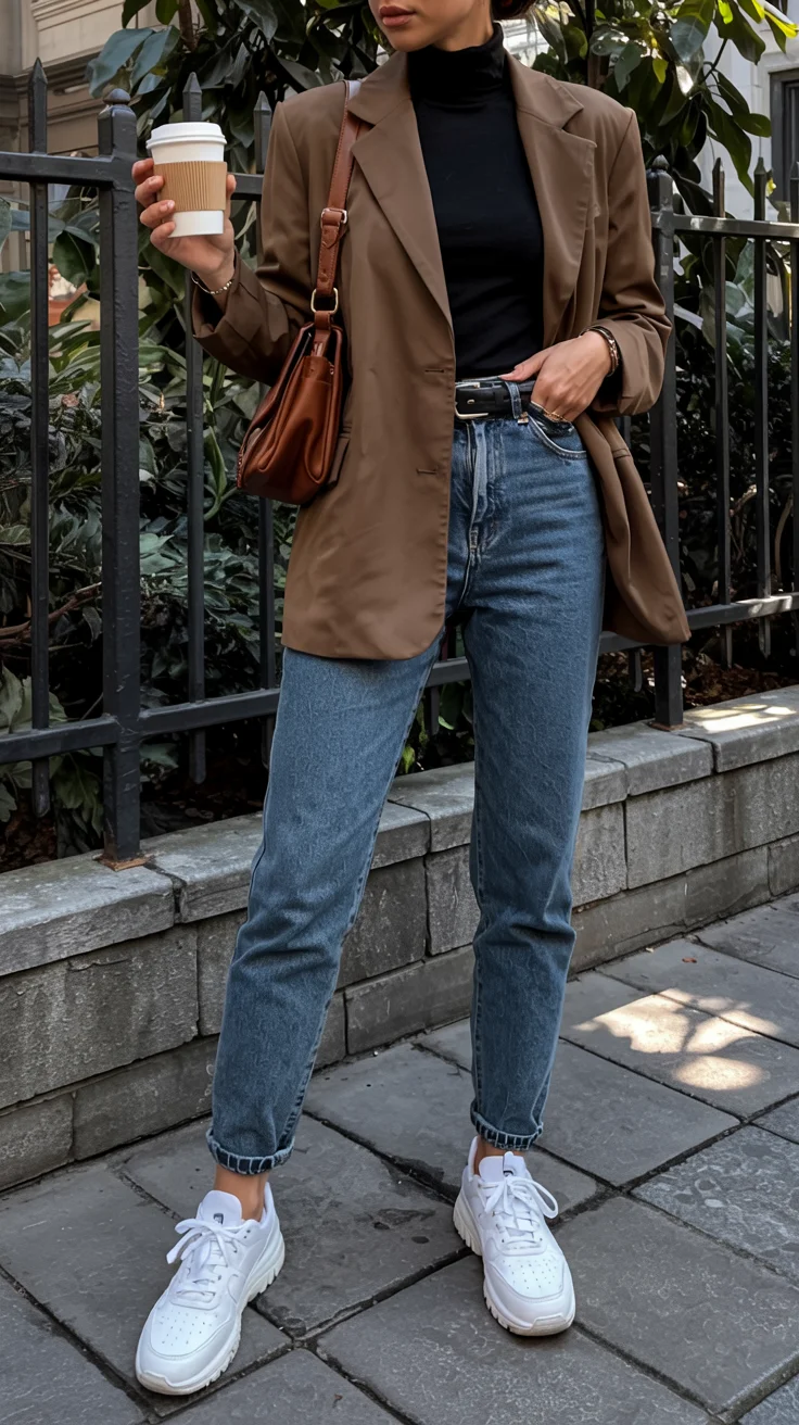 fall outfits with sneakers and jeans 2026 tailored brown blazer
