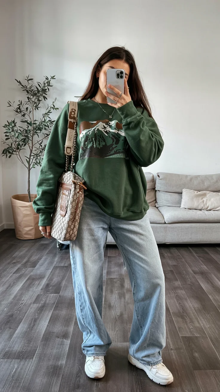 fall outfits with sneakers and jeans 2026 forest green sweatshirt