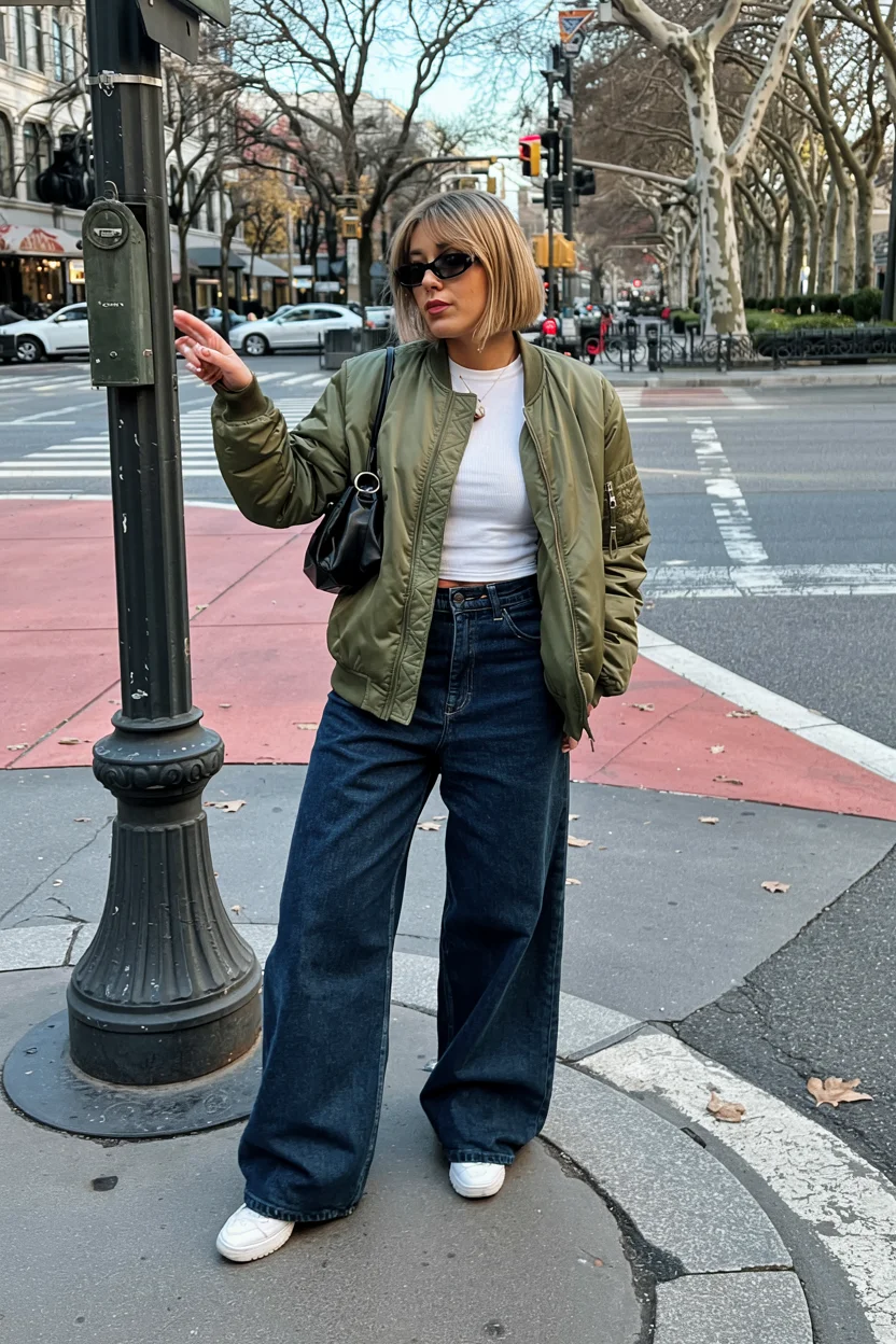fall outfits with sneakers and jeans 2026 olive bomber look
