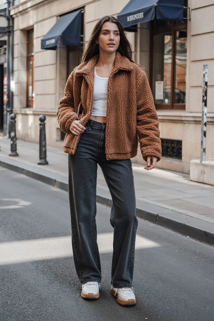 fall outfits with sneakers and jeans 2026 teddy jacket favorite