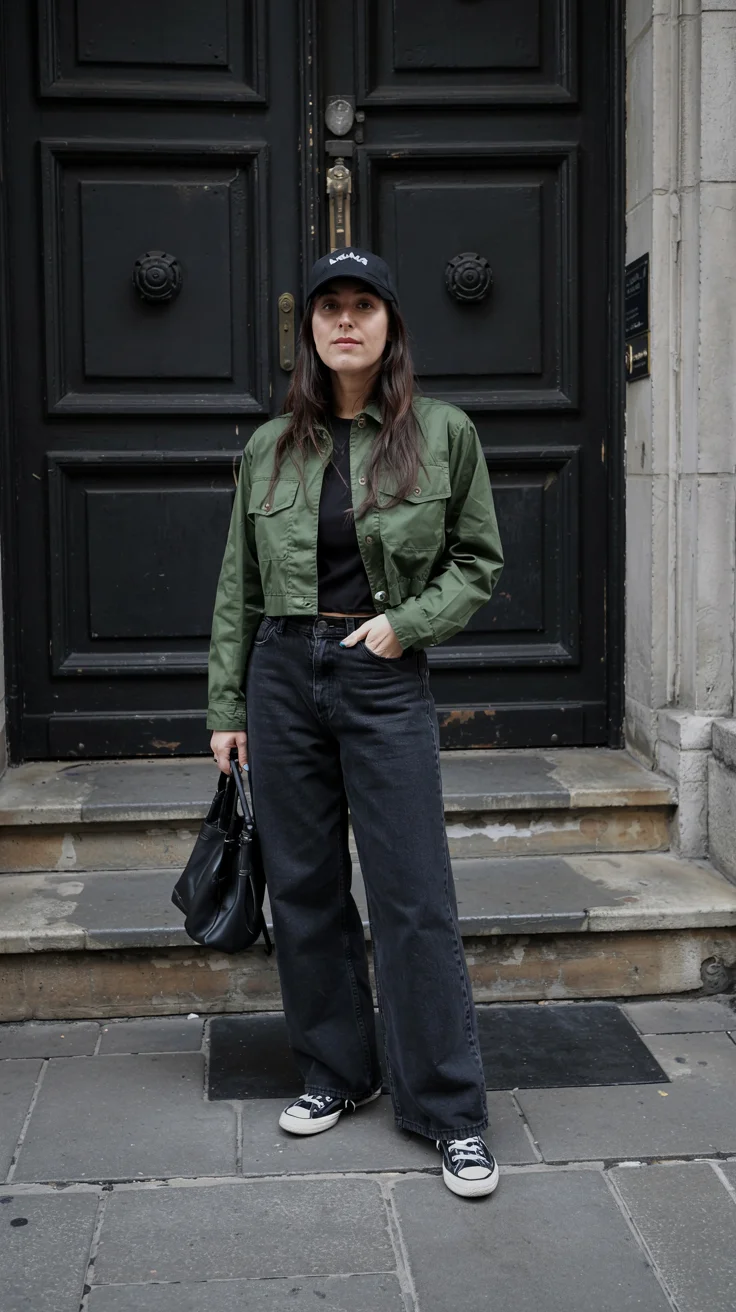 fall outfits with sneakers and jeans 2026 dark denim military green