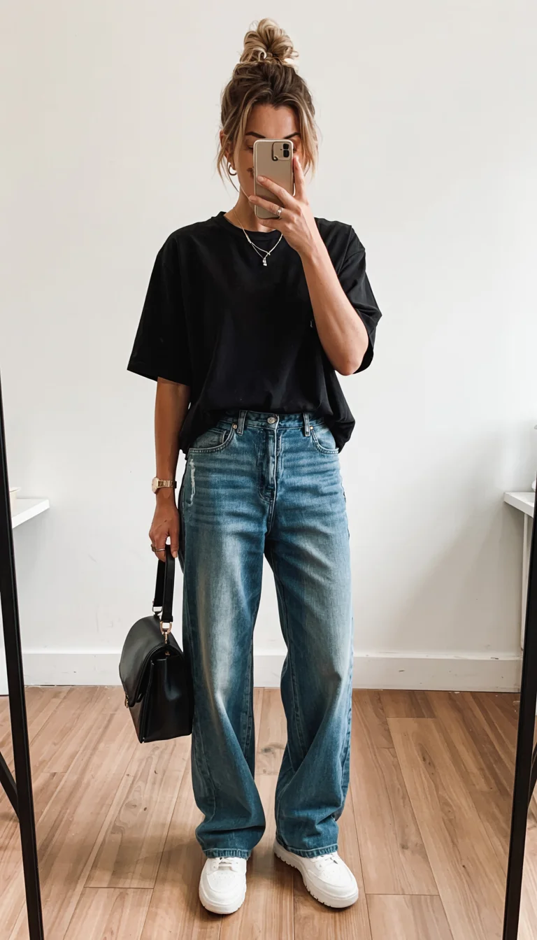 fall outfits with sneakers and jeans 2026 effortless black tee formula