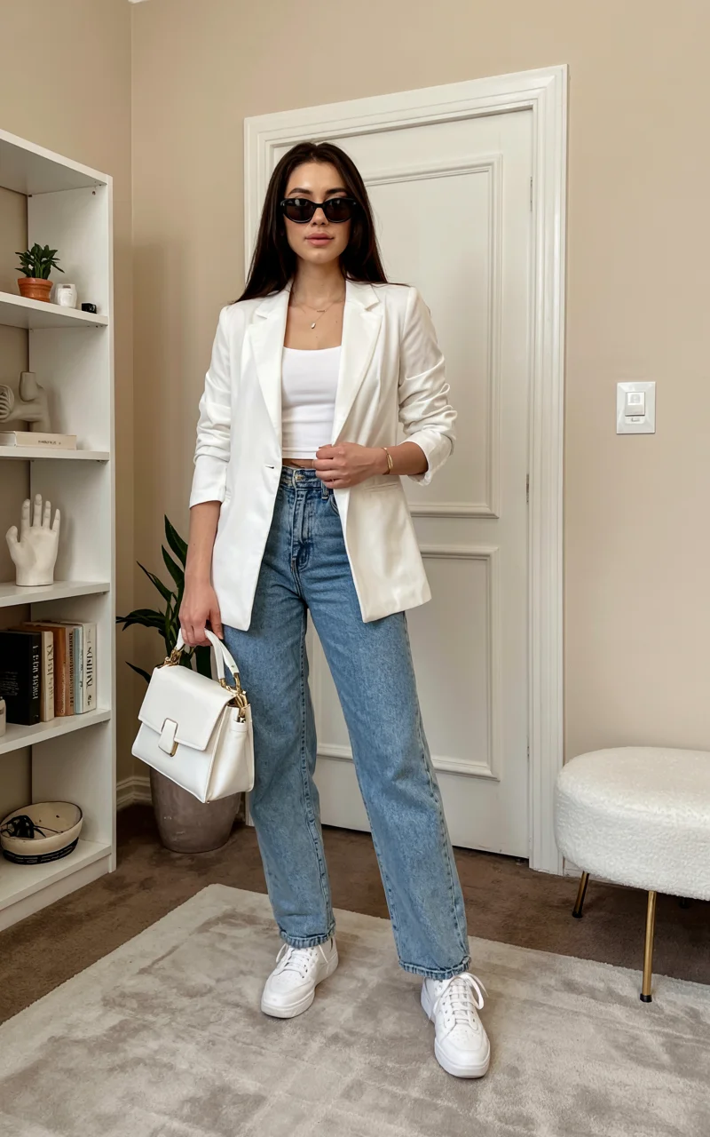 fall outfits with sneakers and jeans 2026 white blazer chic