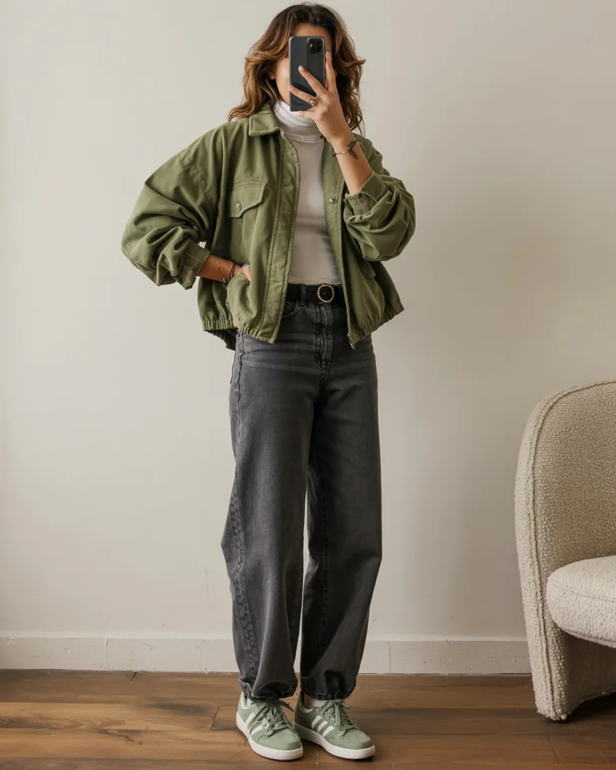 fall outfits with sneakers and jeans 2026 olive green layers