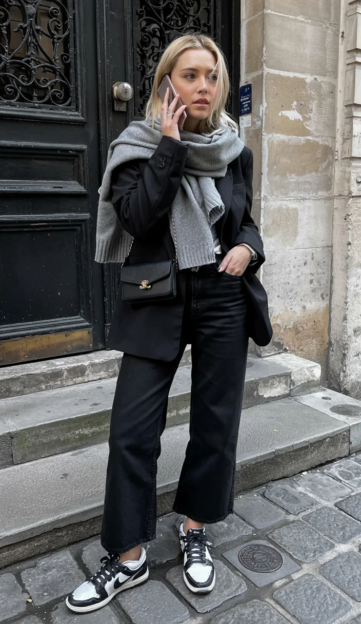 fall outfits with sneakers and jeans 2026 black denim city layers