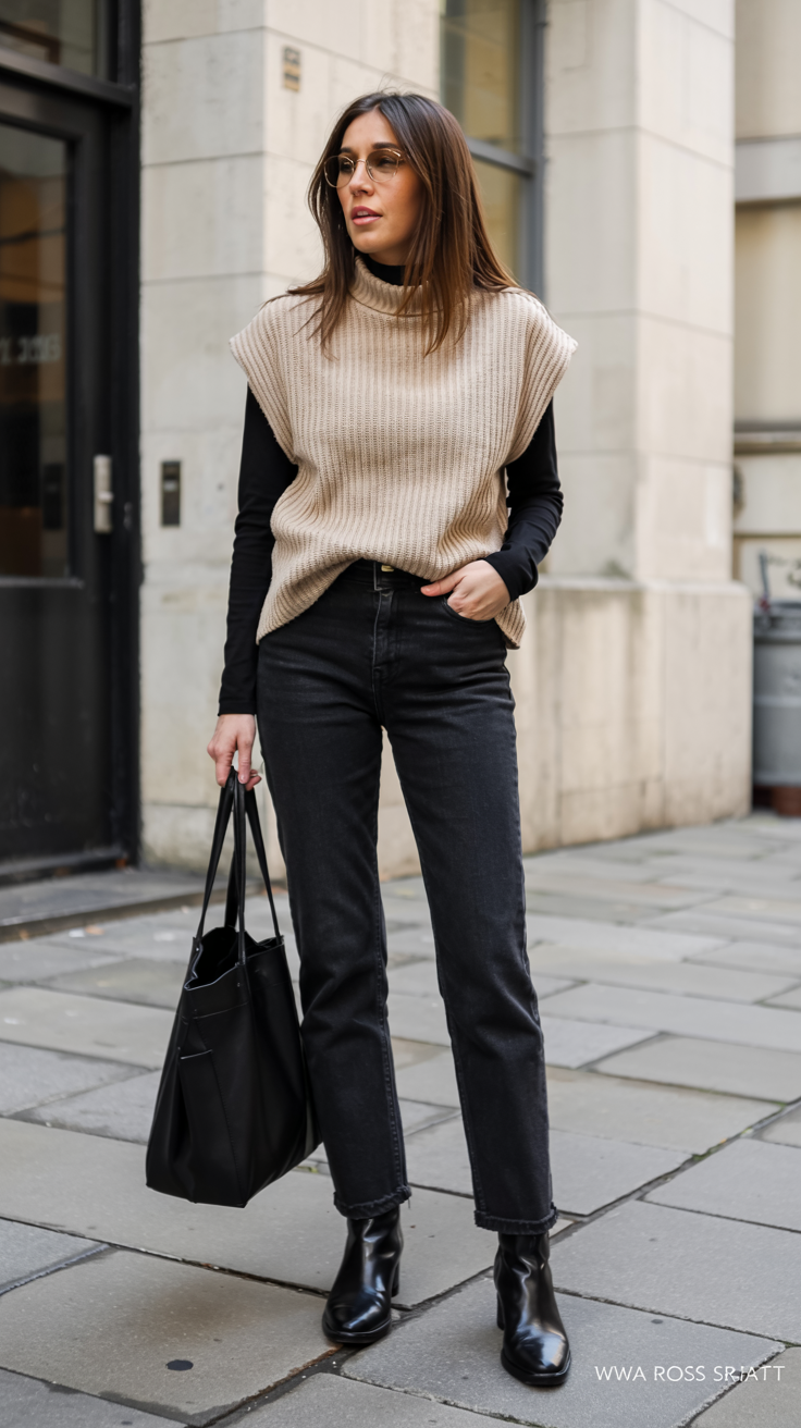 fall outfits with sweater 2026 A Sleeveless Knit Over Black Denim