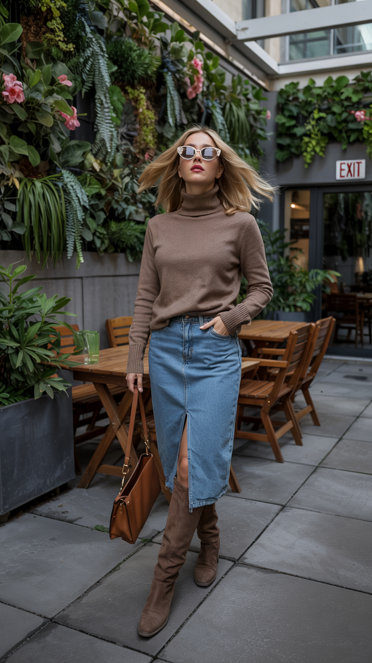 fall outfits with sweater 2026 A Sweater And Denim Skirt Combination That Feels Effortlessly Chic