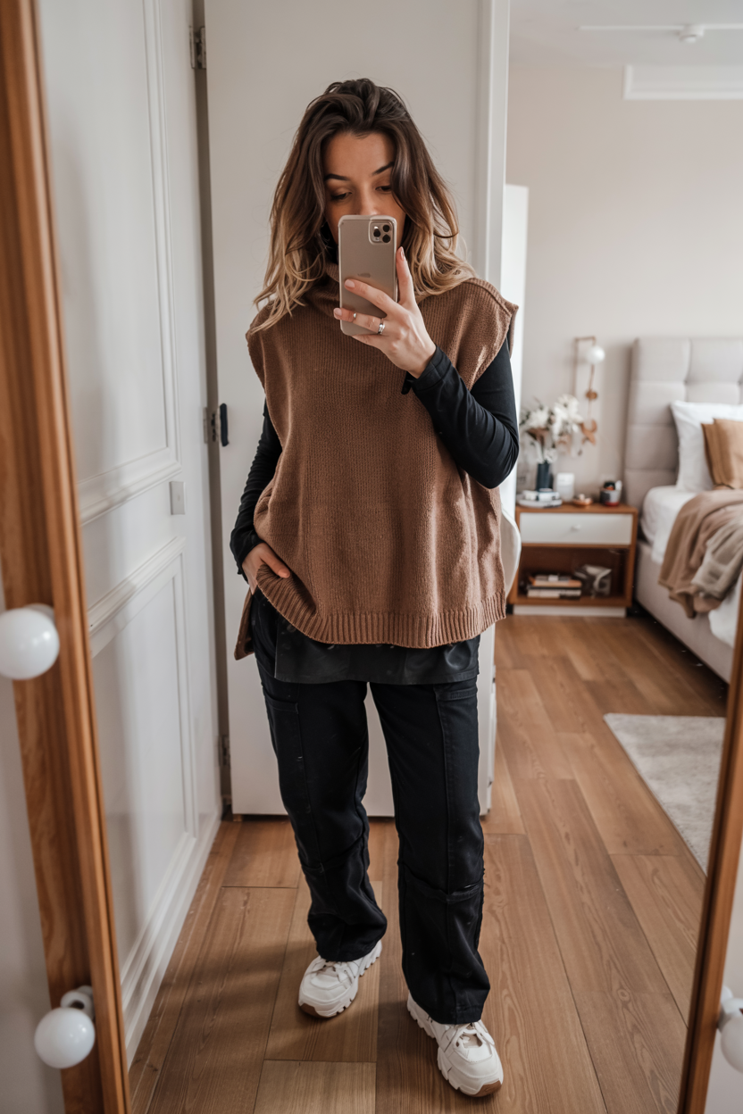 fall outfits with sweater 2026 Layered Knit Vest Styling In Rich Autumn Tones