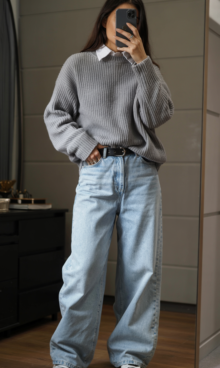 fall outfits with sweater 2026 Gray Knit And Light Wash Denim Done Right