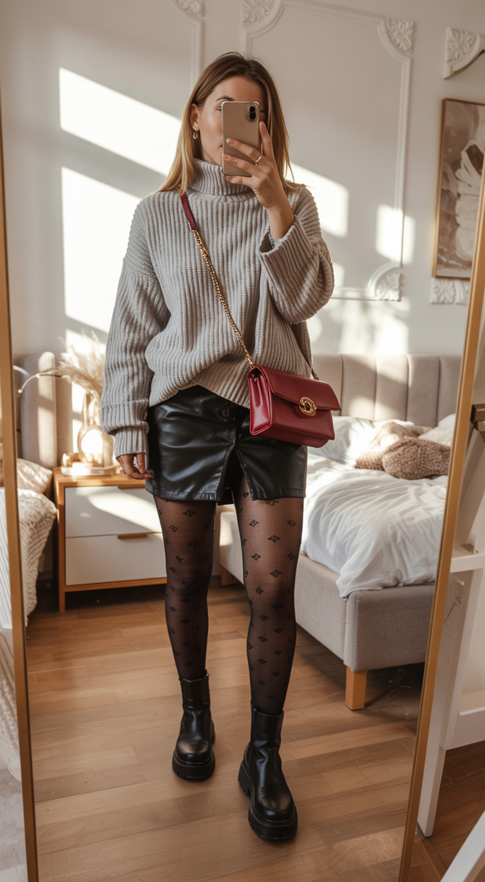 fall outfits with sweater 2026 Chunky Turtleneck With Leather And Statement Tights