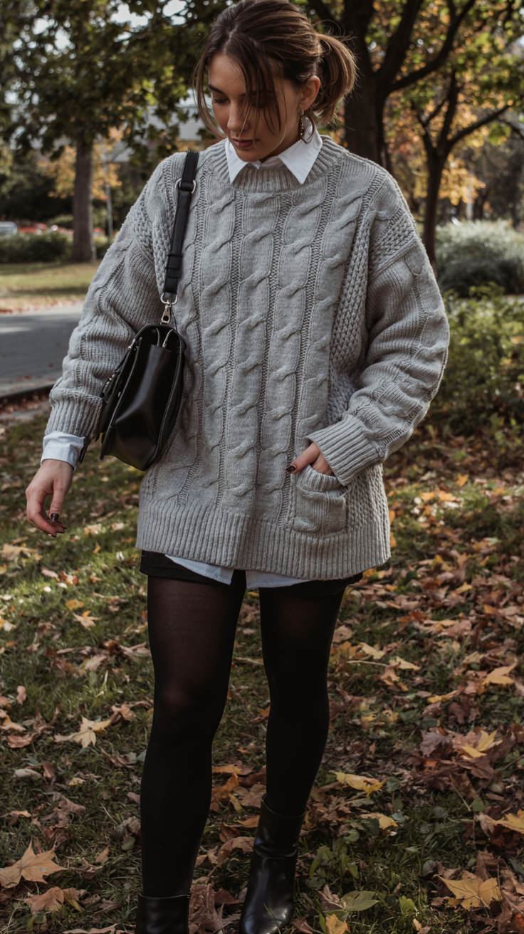fall outfits with sweater 2026 A Cable Sweater With Tights And A White Collar