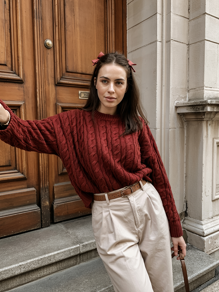 fall outfits with sweater 2026 Rich Burgundy Knit With Tailored Trousers
