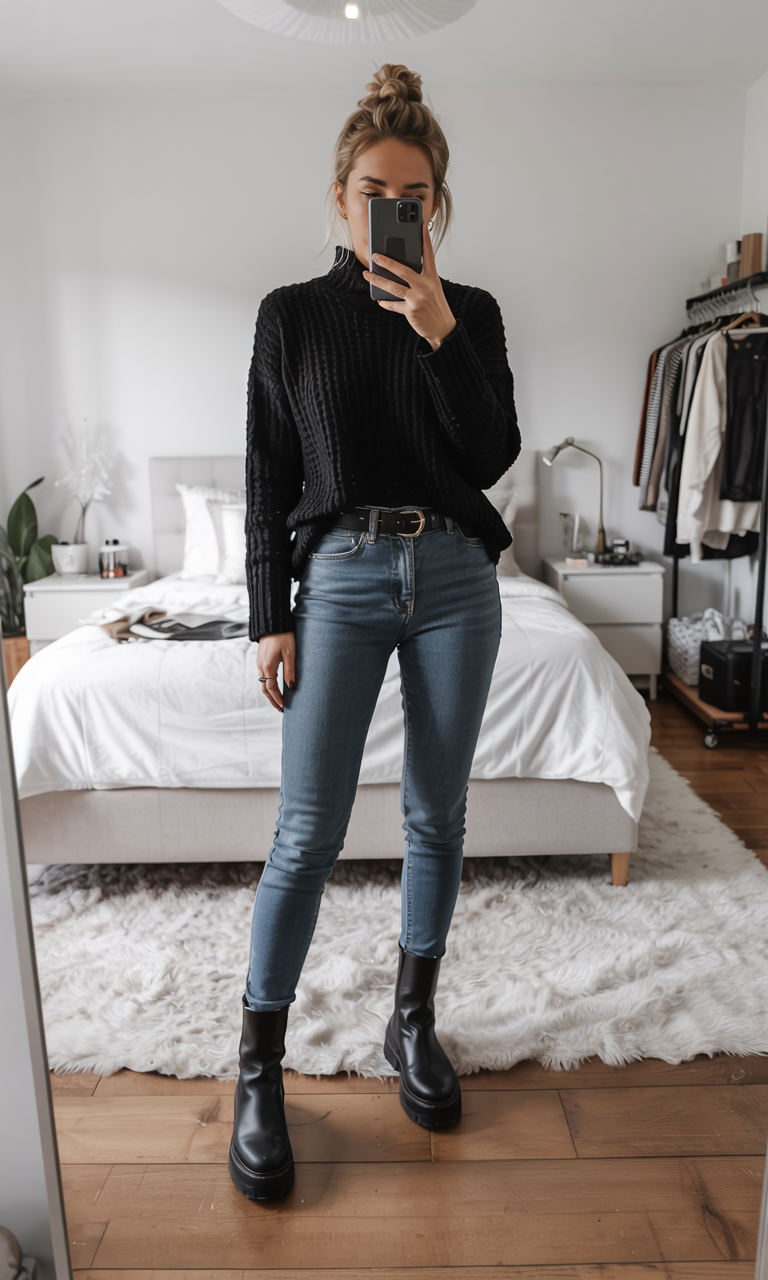 fall outfits with sweater 2026 Black Turtleneck And Skinny Jeans For Effortless City Style
