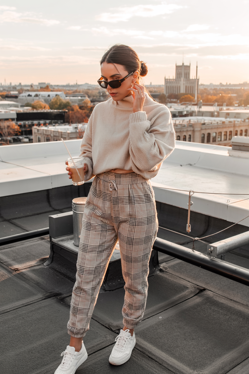 fall outfits with sweater 2026 Soft Neutral Knit With Plaid Trousers