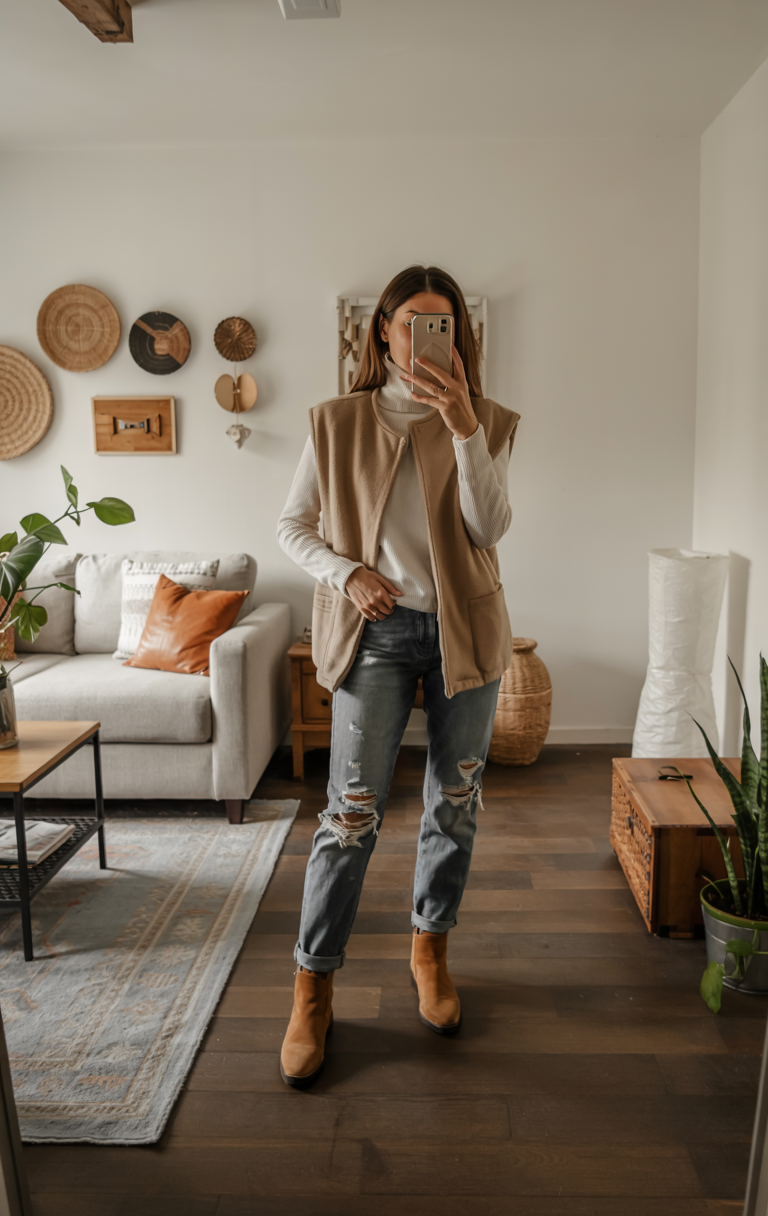 fall outfits with sweater 2026 A Layered Vest Look With Relaxed Denim