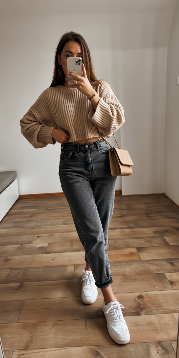 fall outfits with sweater 2026 A Cropped Sweater And Straight Jeans