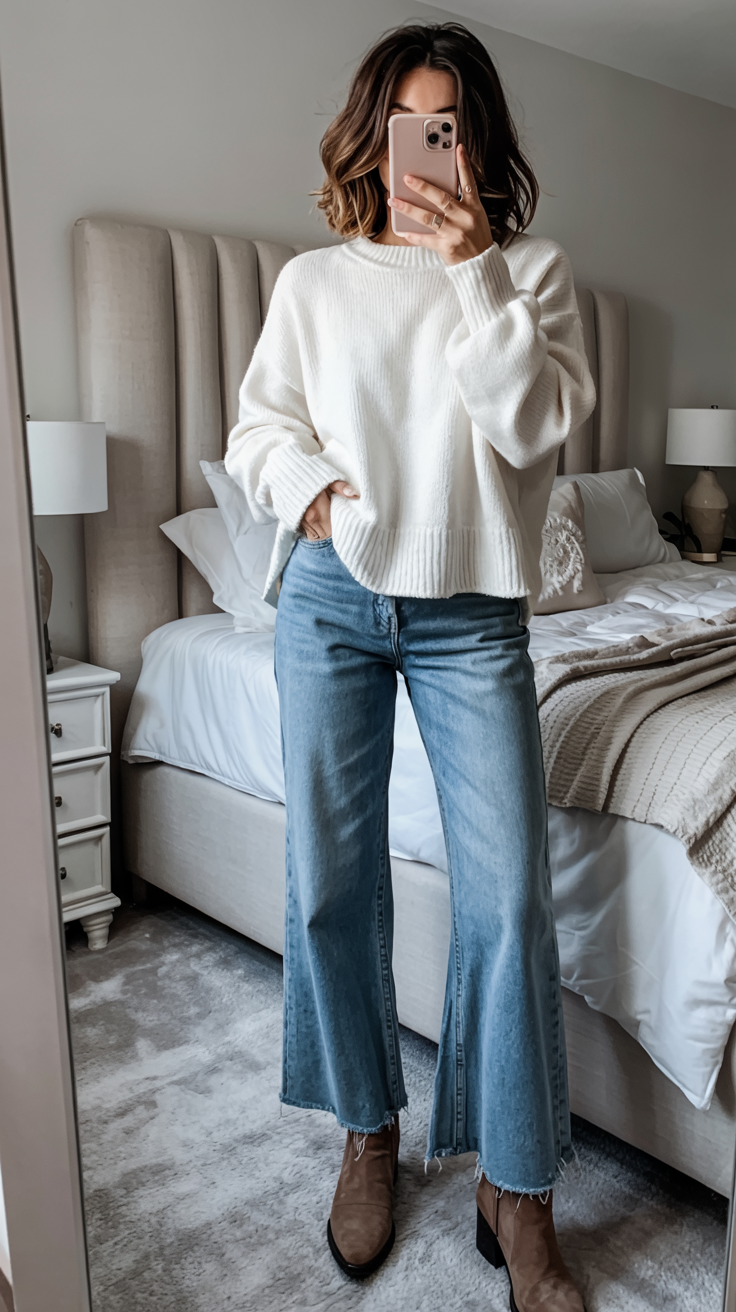 fall outfits with sweater 2026 A Soft White Sweater With Wide Leg Denim