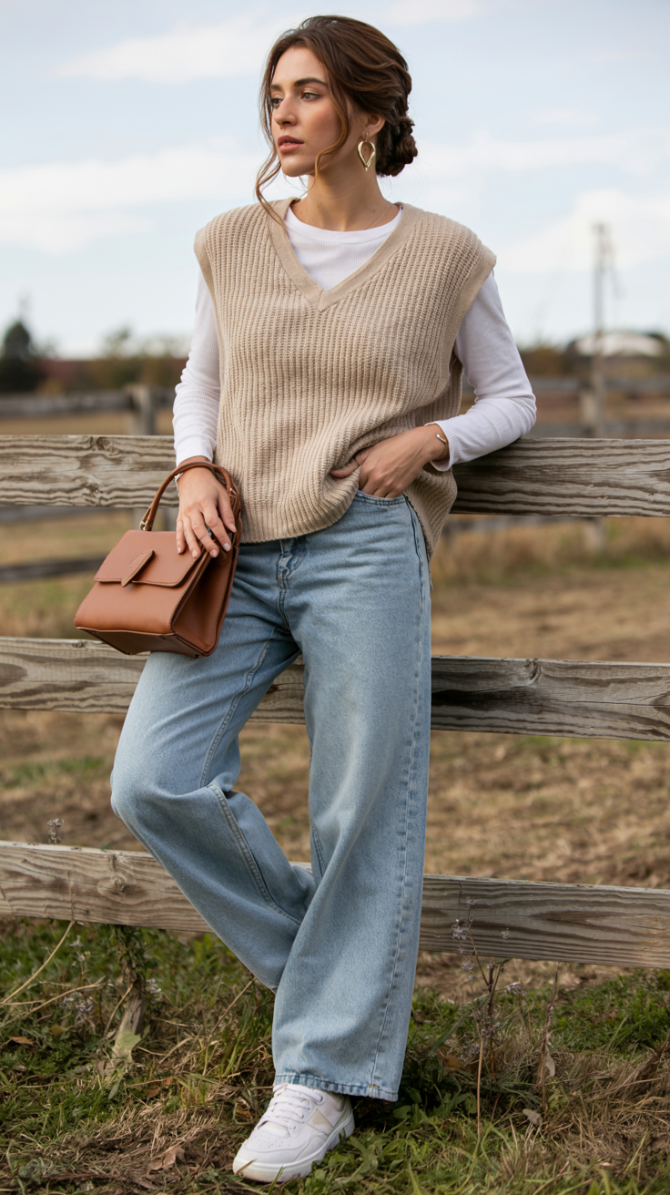 fall outfits with sweater 2026 Relaxed Sweater Vest Styling With Light Wash Denim