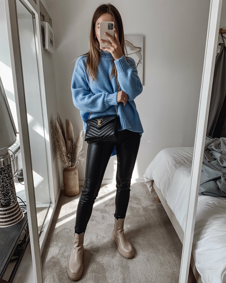 fall outfits with sweater 2026 A Soft Blue Knit That Brightens Gray Fall Days