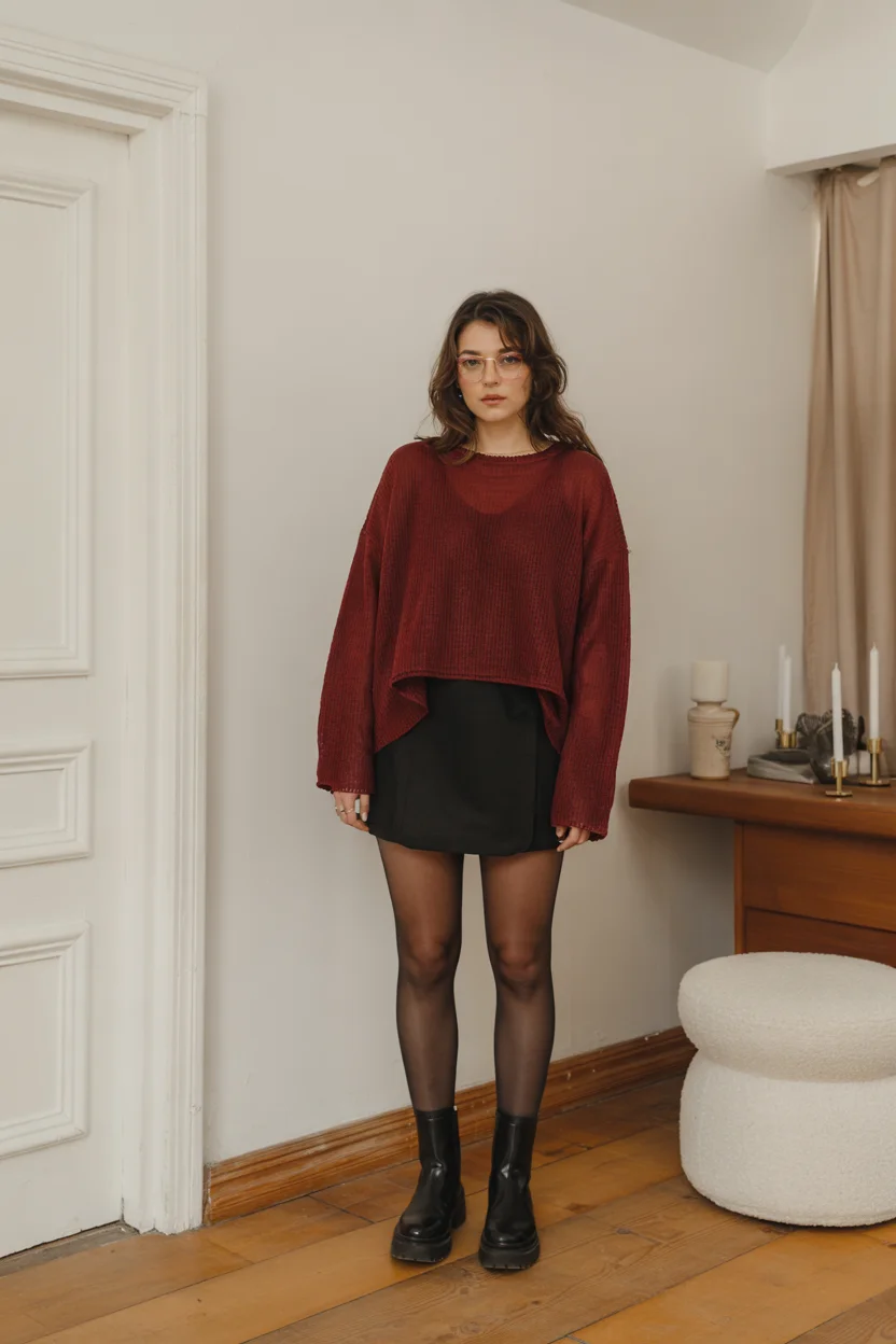 fall outfits with tights and skirt 2026 Burgundy knits for effortless seasonal charm