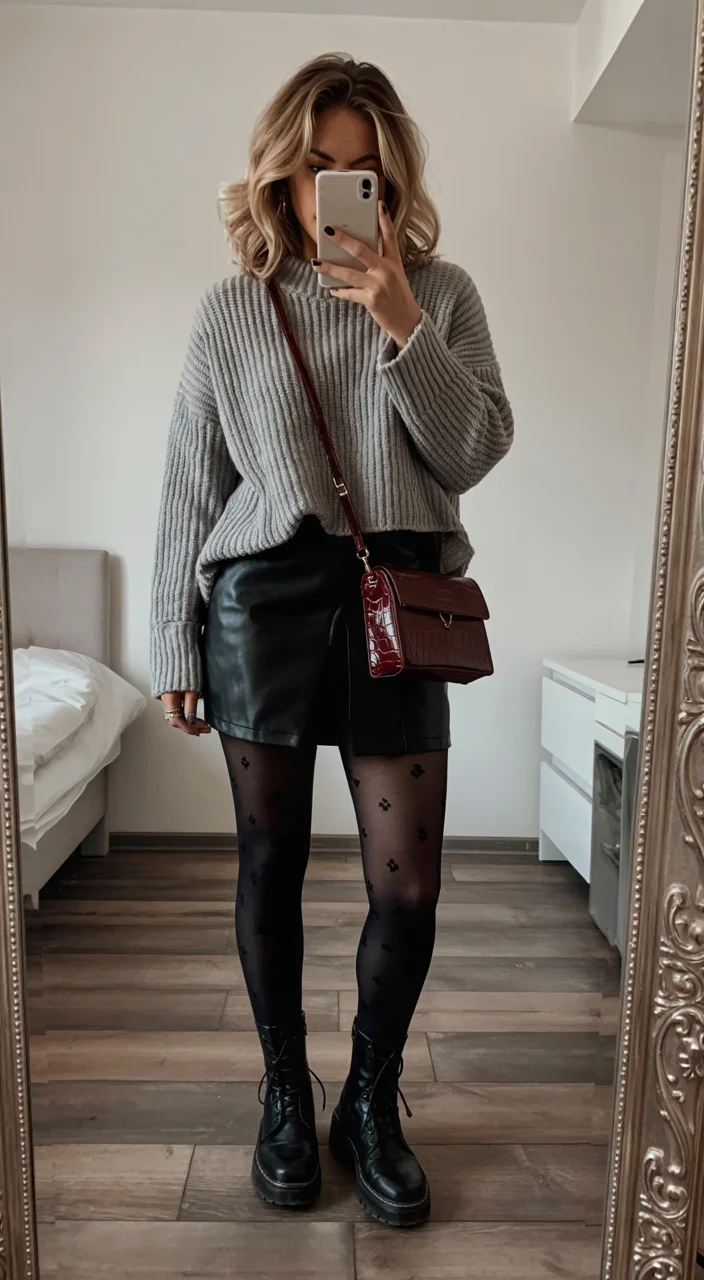 fall outfits with tights and skirt 2026 Textured tights and leather accents for everyday fall style