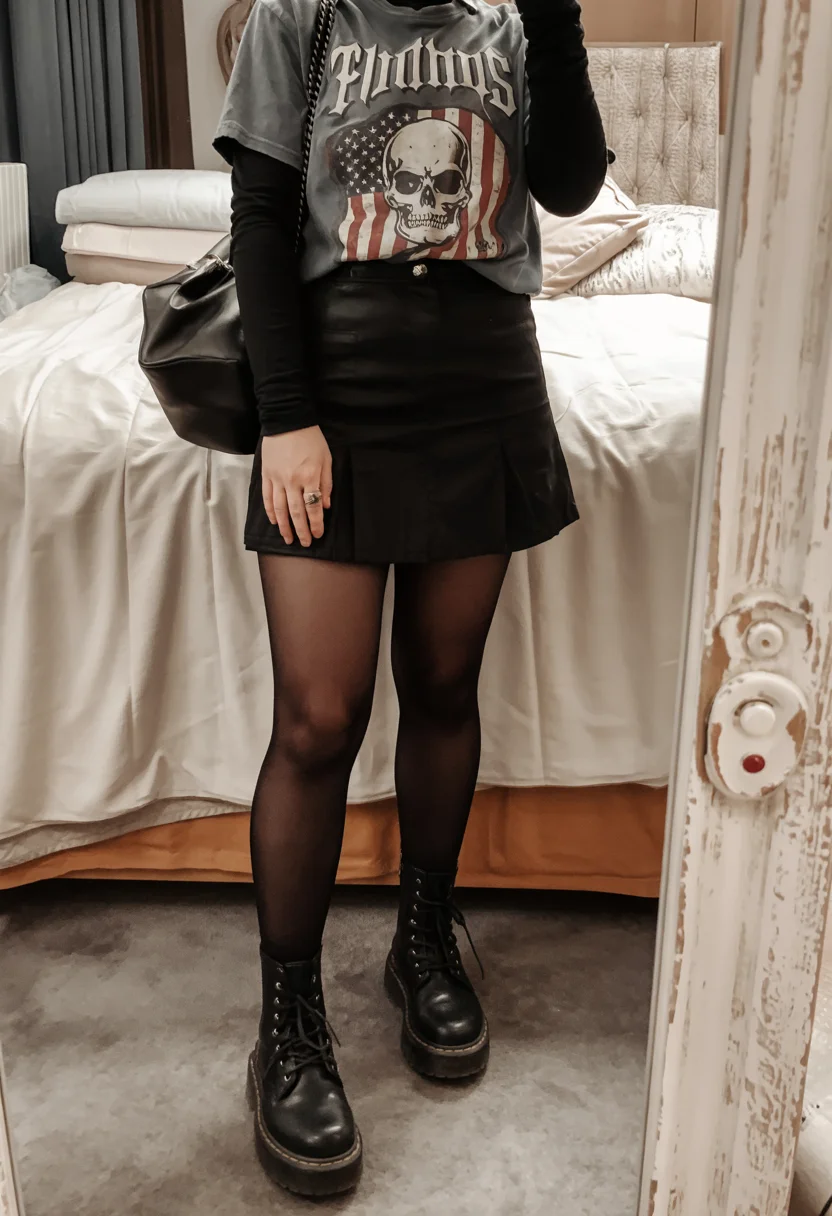 fall outfits with tights and skirt 2026 Graphic tees and combat boots with downtown energy