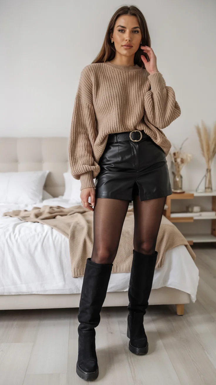 fall outfits with tights and skirt 2026 Chunky knit comfort with a confident silhouette