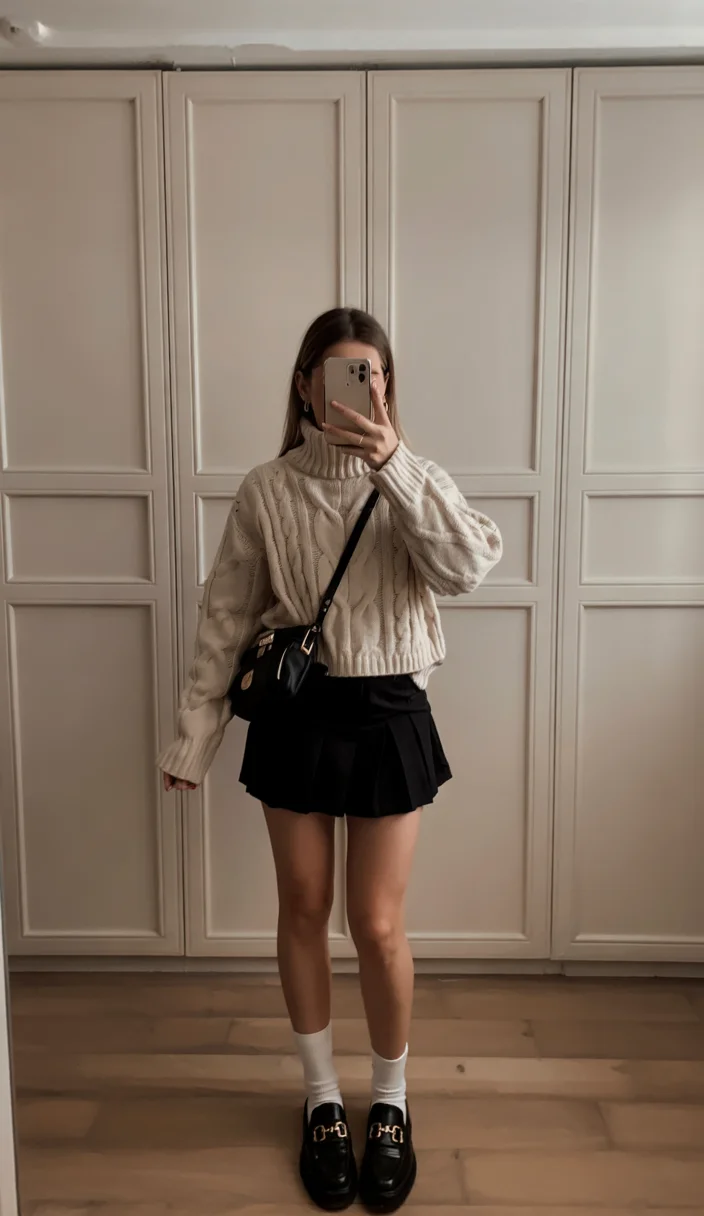 fall outfits with tights and skirt 2026 Preppy loafers and cable knit comfort