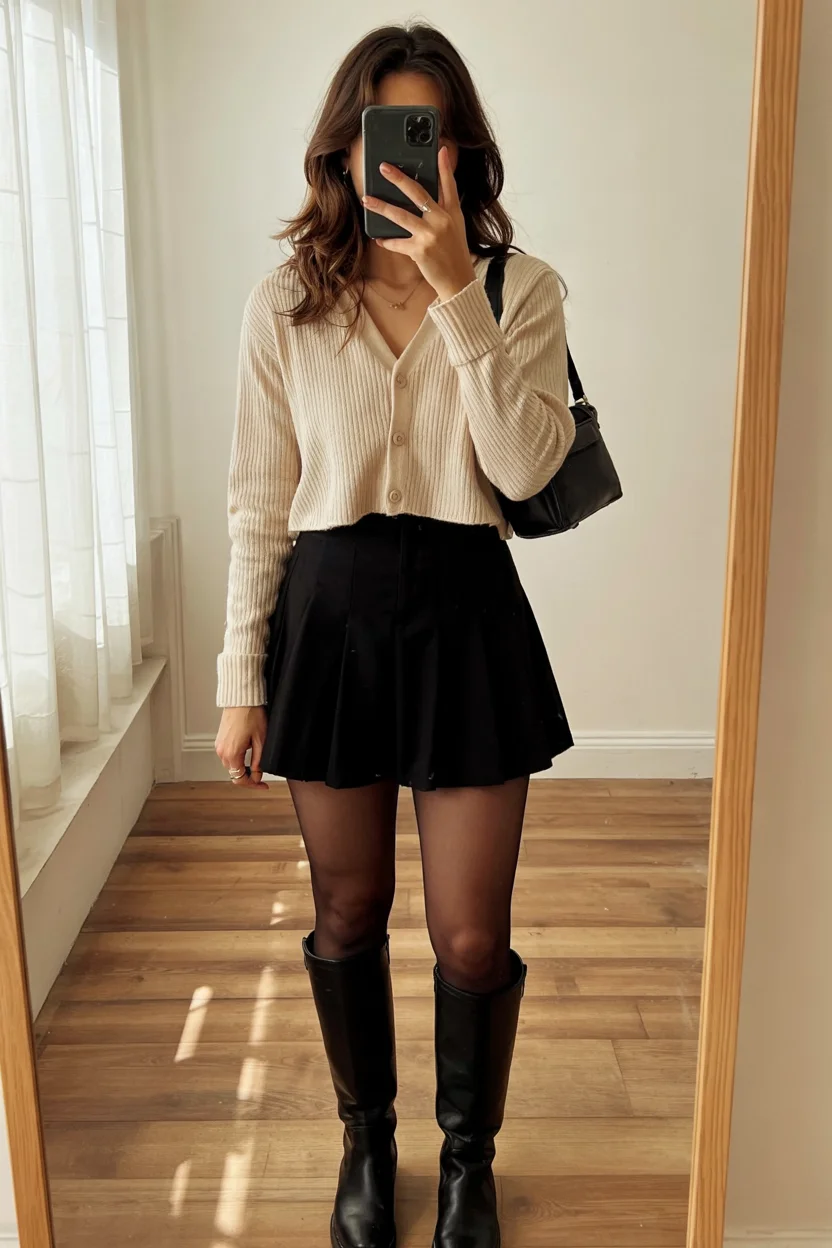 fall outfits with tights and skirt 2026 Soft cardigan styling with tall boots