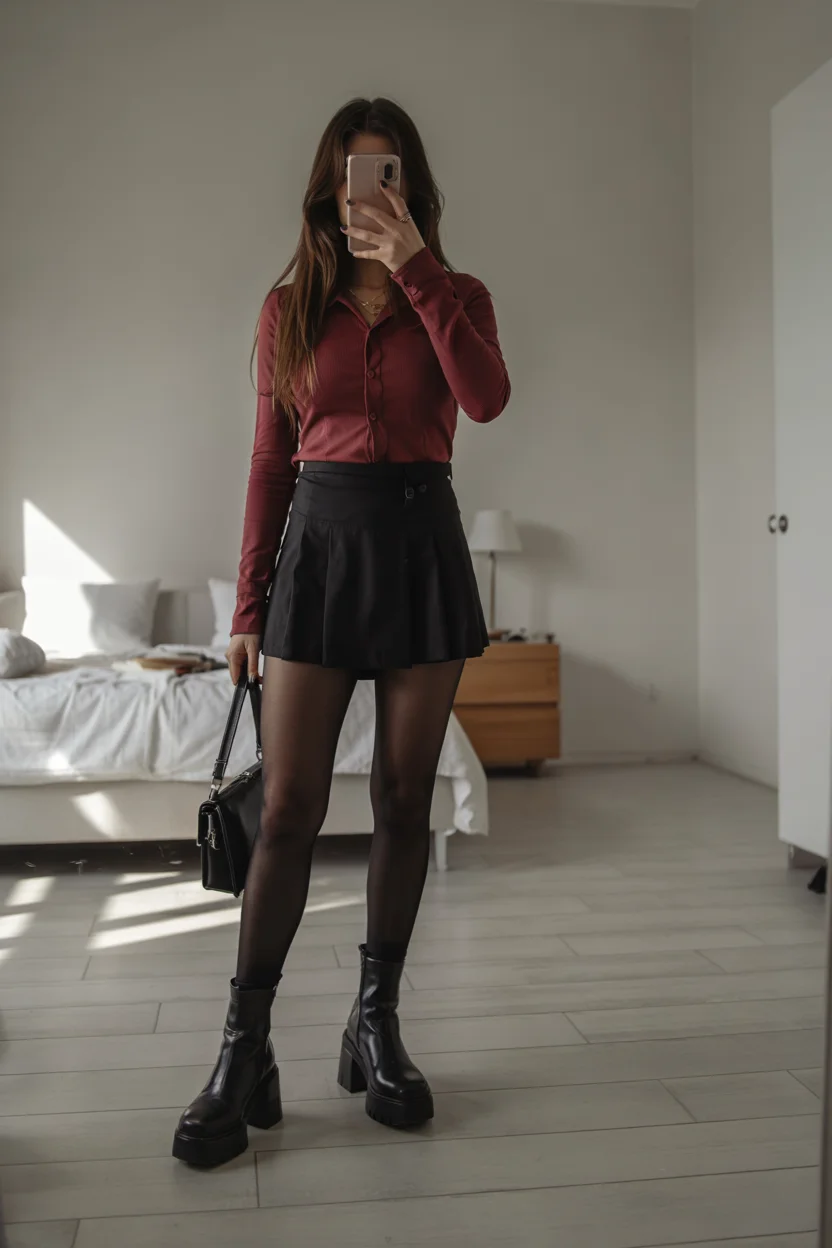 fall outfits with tights and skirt 2026 Wine tones and platform attitude