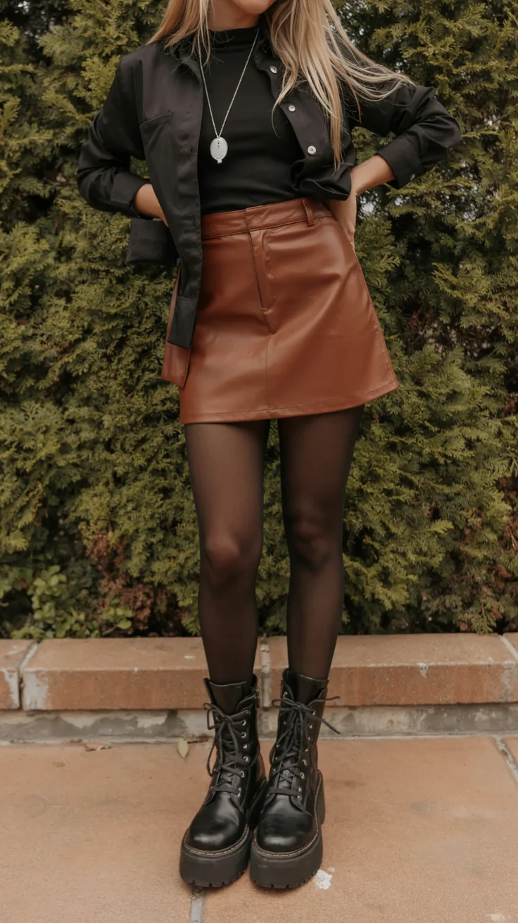 fall outfits with tights and skirt 2026 Rich cognac tones with an edgy fall finish