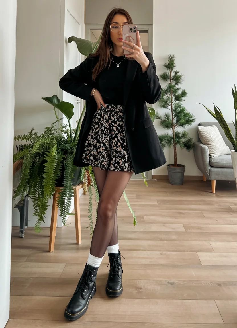 fall outfits with tights and skirt 2026 Floral skirts and combat boots with modern contrast