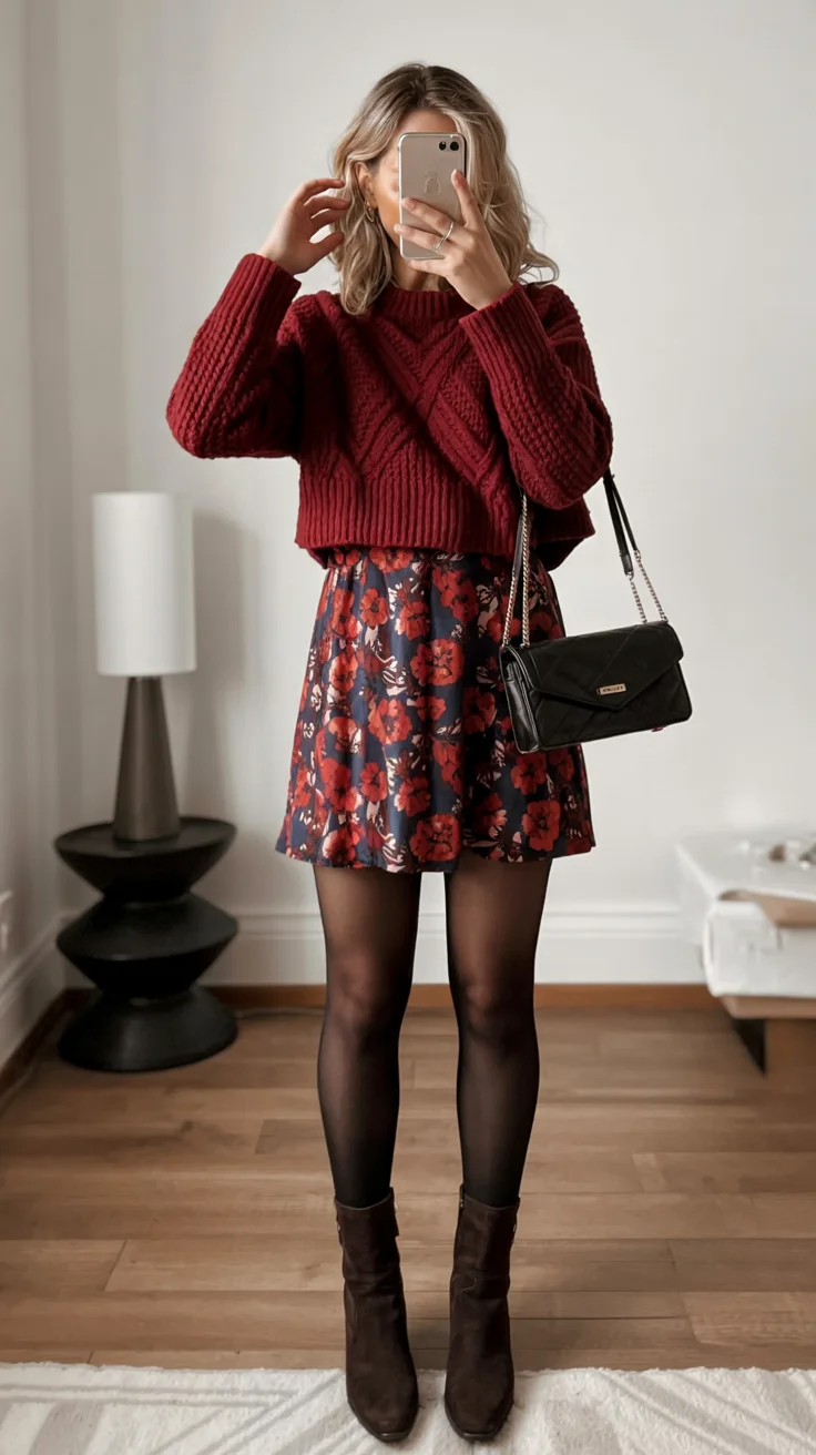 fall outfits with tights and skirt 2026 Burgundy knits and floral prints for romantic fall days