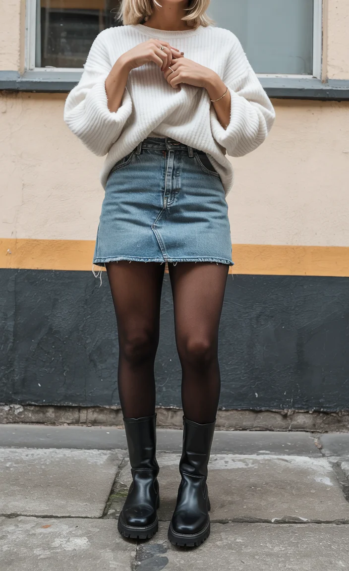 fall outfits with tights and skirt 2026 Denim and knit for an easy weekend mood