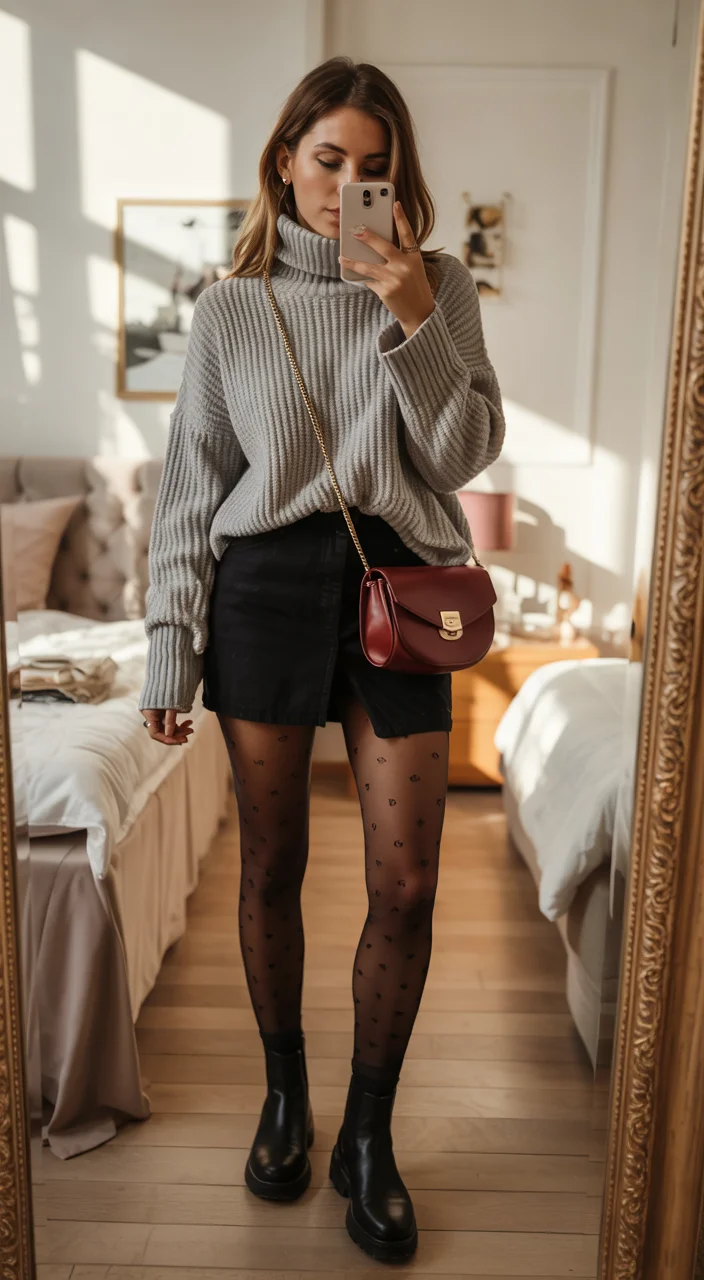 fall outfits with tights and skirt 2026 Cozy knit layers with playful dotted tights