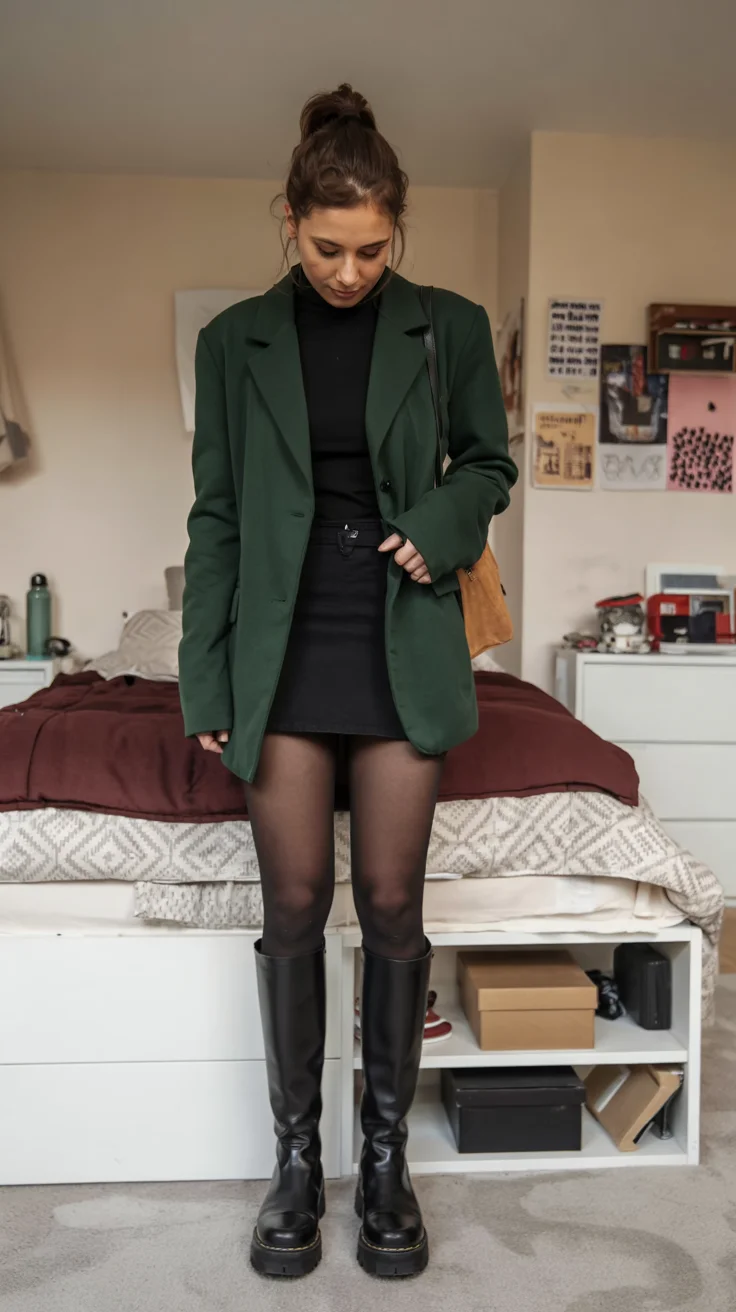 fall outfits with tights and skirt 2026 Deep green tailoring with minimalist confidence