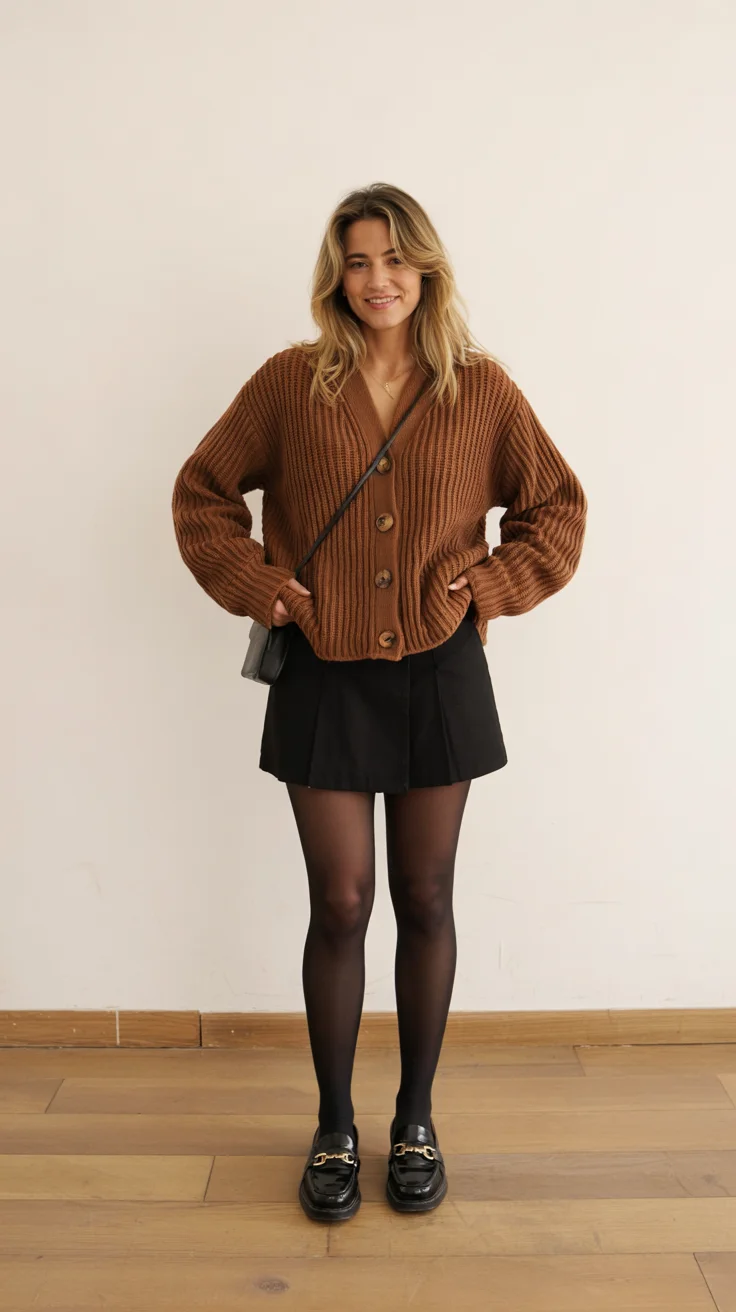 fall outfits with tights and skirt 2026 Soft mocha cardigans and polished loafers