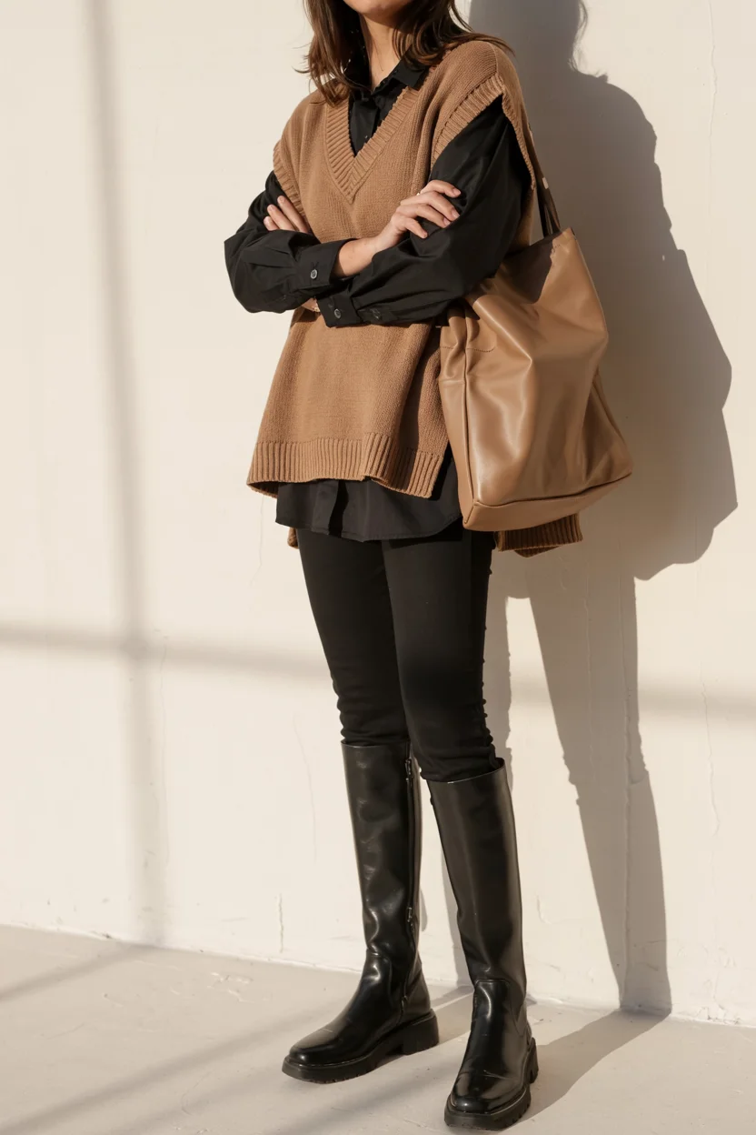 fall outfits with vests 2026 warm neutrals and tall boots
