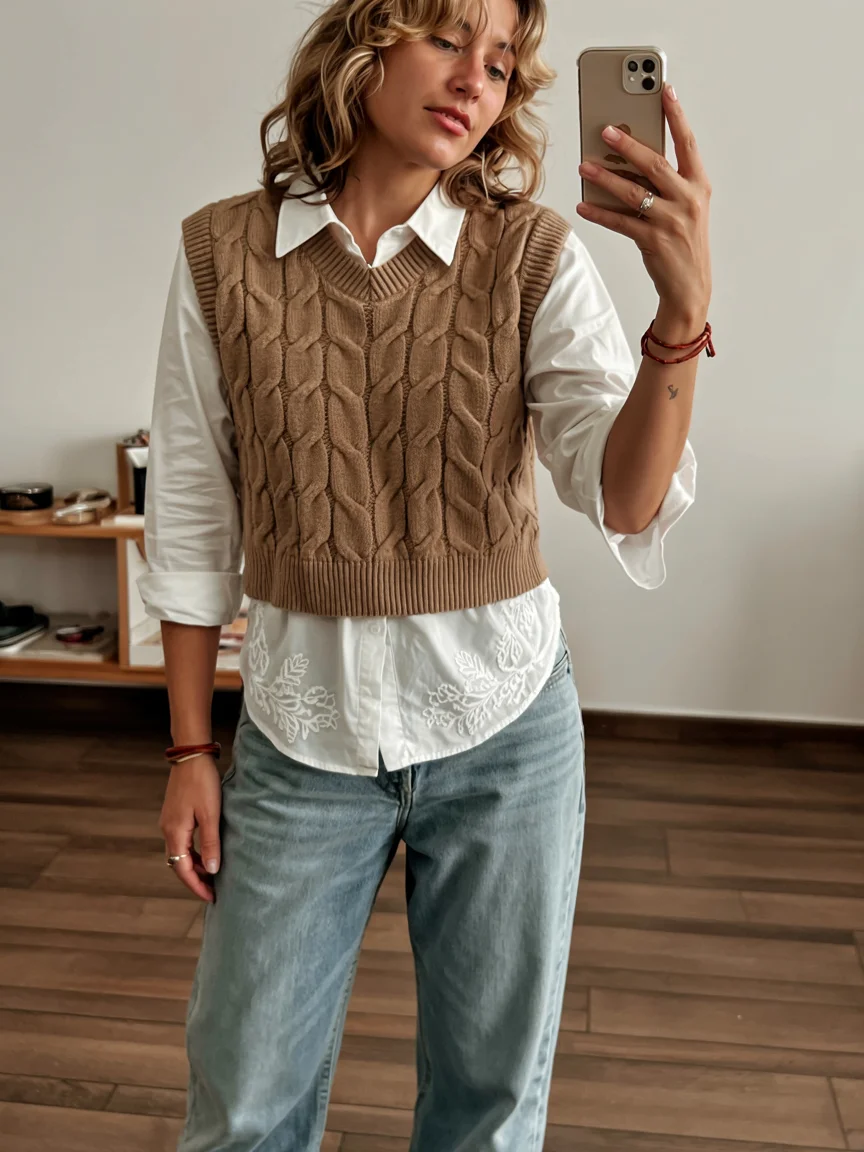 fall outfits with vests 2026 crisp shirt and denim style