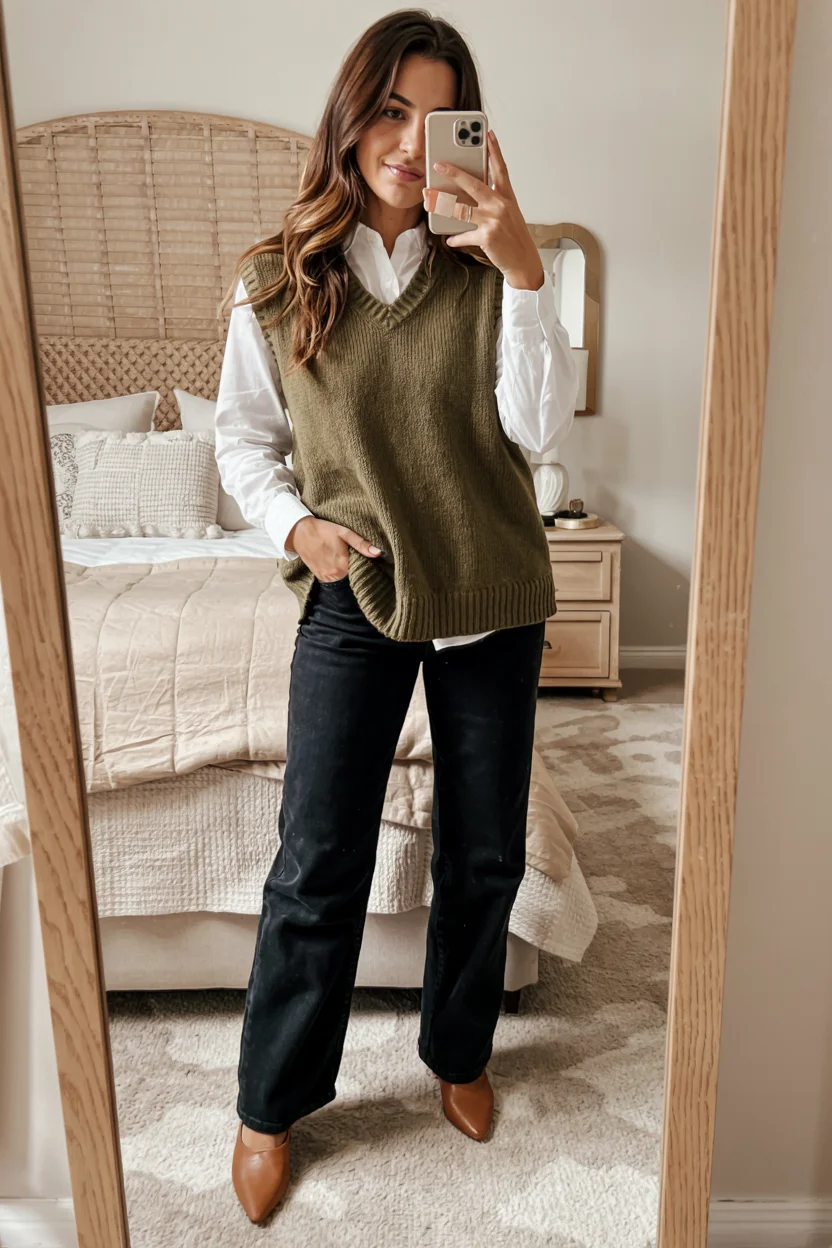 fall outfits with vests 2026 olive vest and black jeans